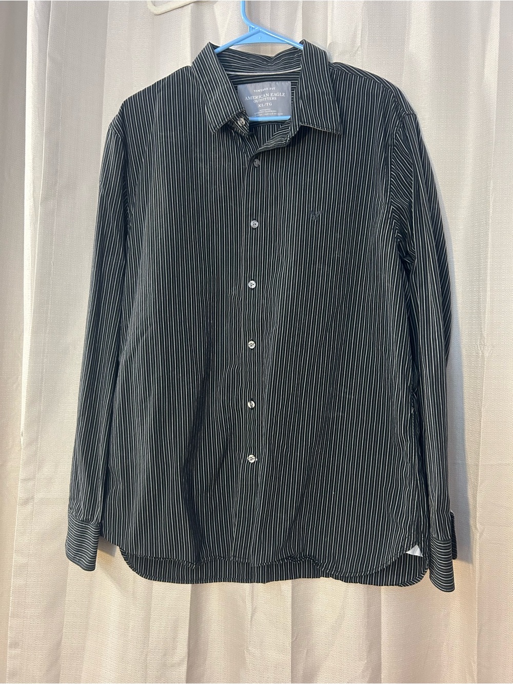 American Eagle Outfitters Black Pinstripe Long-Sleeve Button-Down Shirt